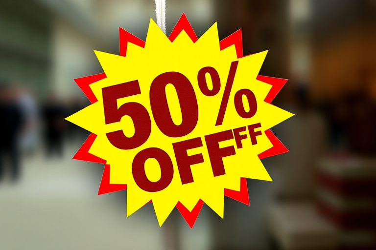 Create a vibrant sale label with a yellow starburst design featuring bold red edges, prominently displaying "50% OFF" in large brown text, captured from a slightly above eye-level angle using a DSLR camera with a 50mm lens at f/2.8, ISO 100, and natural lighting for enhanced clarity and contrast.