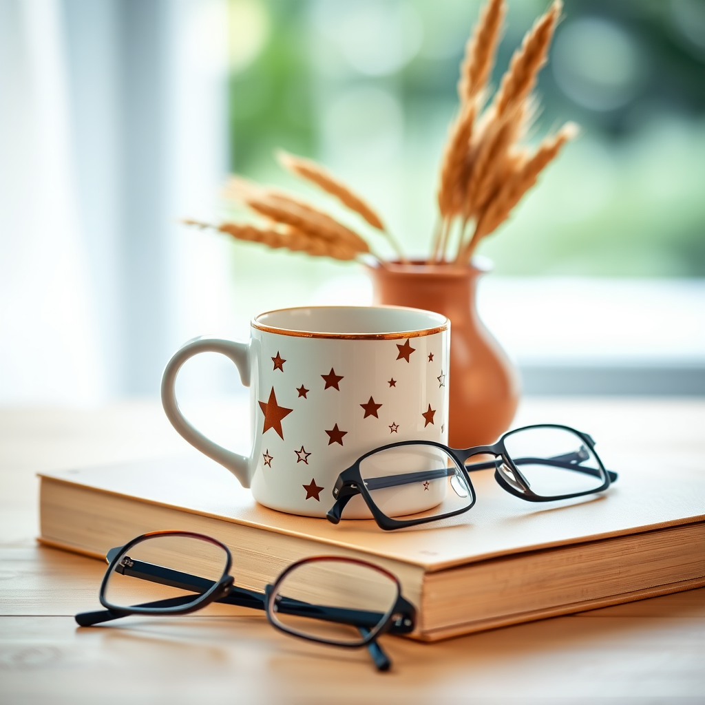 Still life composition featuring a stylish mug with stars, a book, glasses, and a vase with wheat, soft bokeh background, taken with a DSLR camera at f/2.8, 50mm lens, ISO 100, natural light.