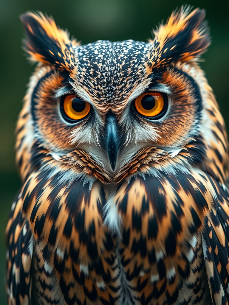 Create a detailed illustration of an owl with intricate patterns and textures, using a macro lens, shot at f/2.8 to create a shallow depth of field, in natural light to enhance the richness of the colors, captured with a DSLR camera from a slightly elevated angle for a dynamic perspective.