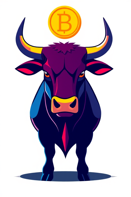 Create a minimalist illustration of a stylized bull with a golden coin above its head, vibrant colors, sharp outlines, taken with a DSLR camera at f/2.8, 50mm lens, in natural lighting, with a shallow depth of field.
