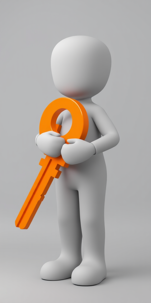 Create a 3D render of a gray figure holding a large orange key, camera settings: aperture f/4, ISO 100, shutter speed 1/100s, camera view: eye level, camera style: minimalistic, camera type: digital SLR.