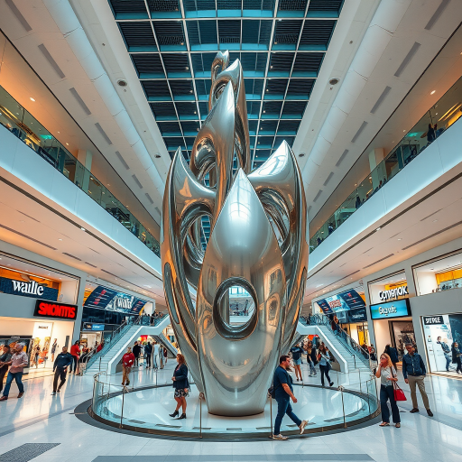 Regenerate the image of a modern shopping mall interior with shiny metallic sculptures in the center, showcasing shoppers and various stores, captured with a Canon EOS R5, 24mm f/1.4 lens, aperture set to f/8, ISO 100, and a high dynamic range to enhance lighting and details.
