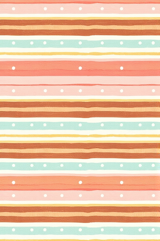 Create a seamless pattern of alternating horizontal stripes in pastel colors like pink, light blue, brown, and green, with small white polka dots on each stripe, captured with a DSLR camera at ISO 100, f/8 aperture, 50mm lens, natural light, top-down view.