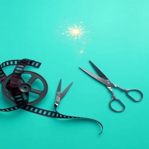 Create a digital illustration of a film reel with a pair of scissors beside it and a magic wand with sparkles above, using a vibrant turquoise background, shot with a Canon EOS R5 at f/8, ISO 100, 1/250 sec, in flat lay style for an enhanced modern aesthetic.