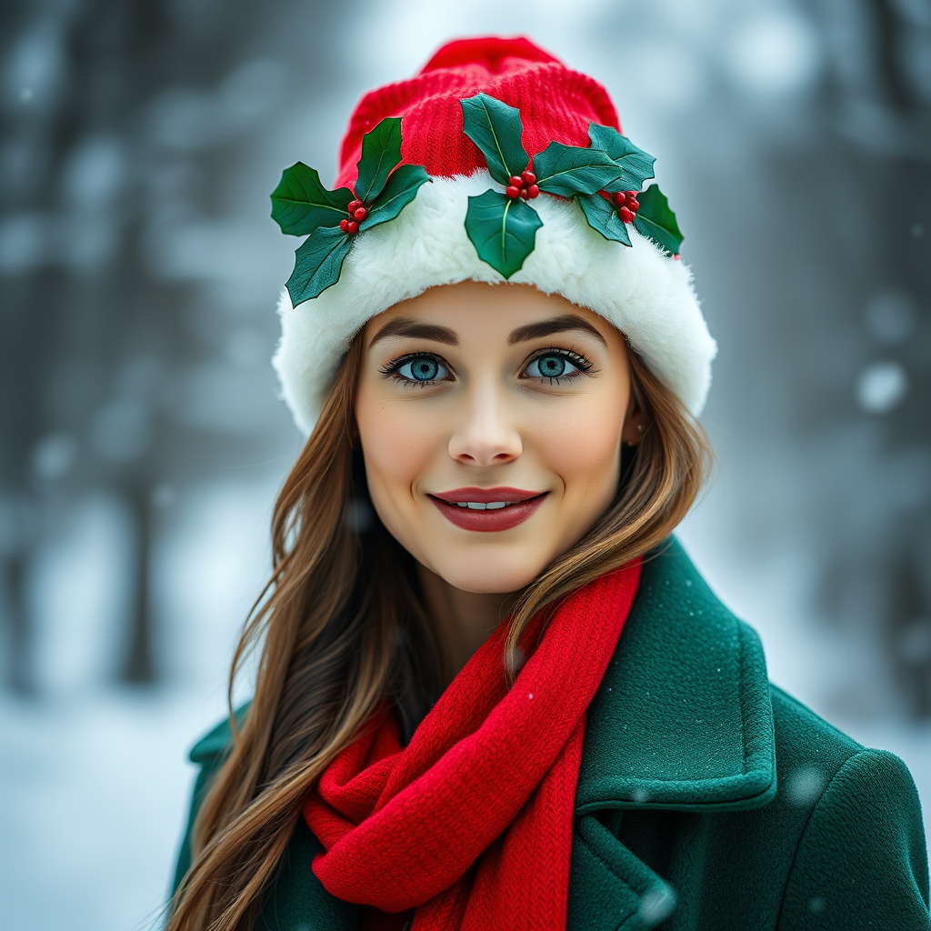 generate a portrait of a woman in a festive red hat decorated with holly, wearing a green coat and a red scarf, with a snowy background, using a Canon EOS R5 camera, 85mm f/1.2 lens, aperture f/2.8, ISO 100, and soft diffused lighting to enhance image quality and detail.