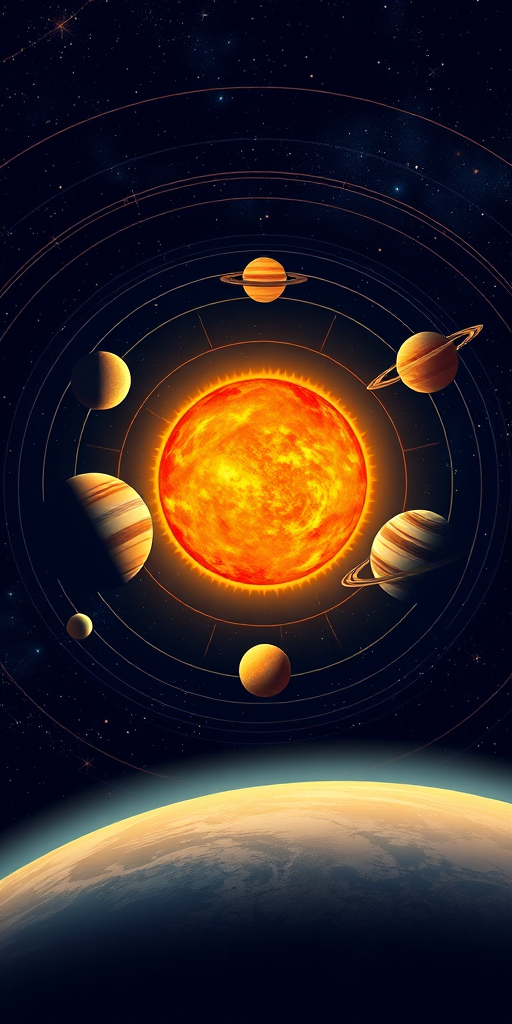 Create a detailed illustration of the solar system with a vibrant sun at the center, eight planets in their orbits, and twinkling stars in the background, using a digital camera with a 50mm lens, f/8 aperture, ISO 100, and a top-down view, in high-resolution vector style.