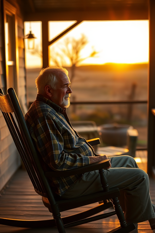 Warmly lit photo of an elderly man sitting on a porch in a rocking chair, his face illuminated by soft evening light, with a rural landscape stretching out behind him and a sense of peaceful solitude.