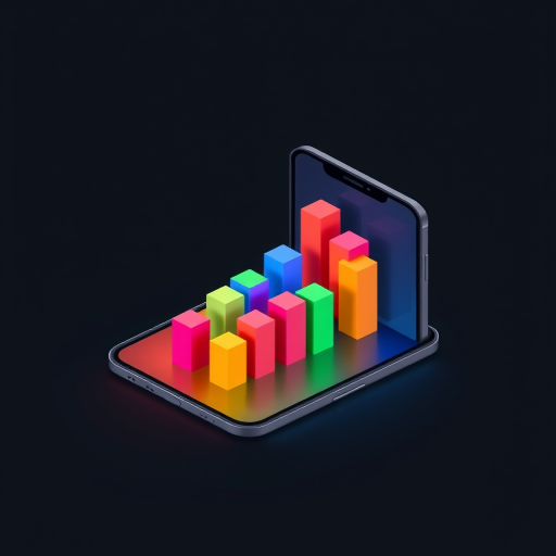 create an isometric illustration of a smartphone displaying colorful 3D bar charts with a dark background, use a Canon EOS 5D Mark IV, aperture f/8, ISO 100, 30mm lens, shot from a top-down view, focus on vibrant colors and sharp details