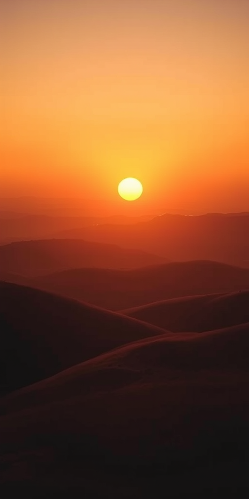 create a smooth gradient landscape at sunset with rounded hills and a large sun in warm earthy tones, shot with a Canon EOS R5 at f/8, 1/60s, ISO 200, wide-angle lens, top-down view, soft focus for a vintage aesthetic