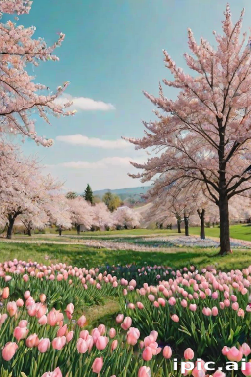 Serene Spring Landscape with Cherry Blossoms and Vibrant Tulip Fields