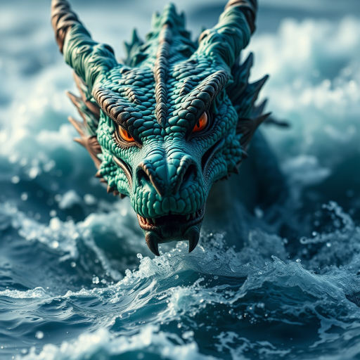 Regenerate a high-resolution image of a dragon emerging from turbulent ocean waters, with vibrant turquoise and emerald scales, focus on intricate details of the dragon's face and fiery eyes, captured with a Canon EOS R5, using a 50mm f/1.2 lens, adjusted for low light conditions, with soft focus background to enhance depth and richness in texture.