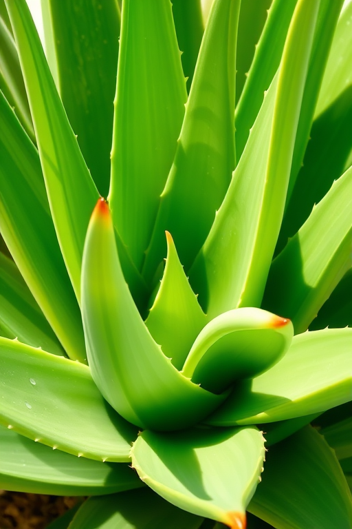 Create a detailed illustration of an aloe vera plant with lush green leaves, taken with a DSLR camera at f/2.8 aperture, ISO 100, 35mm lens, in a bright, natural light setting, focusing on the texture and colors of the leaves for enhanced image quality.