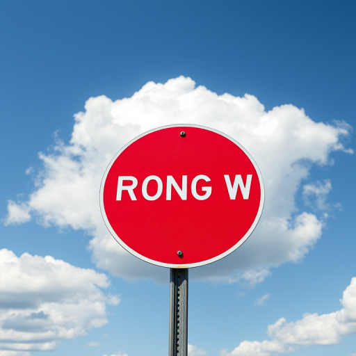 Generate an image of a bright red "WRONG WAY" road sign against a clear blue sky with fluffy white clouds, using a DSLR camera with a 50mm lens, aperture set to f/8, ISO 100, and a high dynamic range to enhance the image quality.