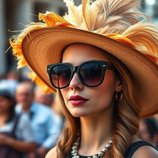 Portrait of a woman in a large feathered hat and oversized sunglasses, blurred background of a crowd, soft natural light, f/2.8, 1/200s shutter speed, ISO 100, shot with a DSLR camera from a close-up angle to enhance details.