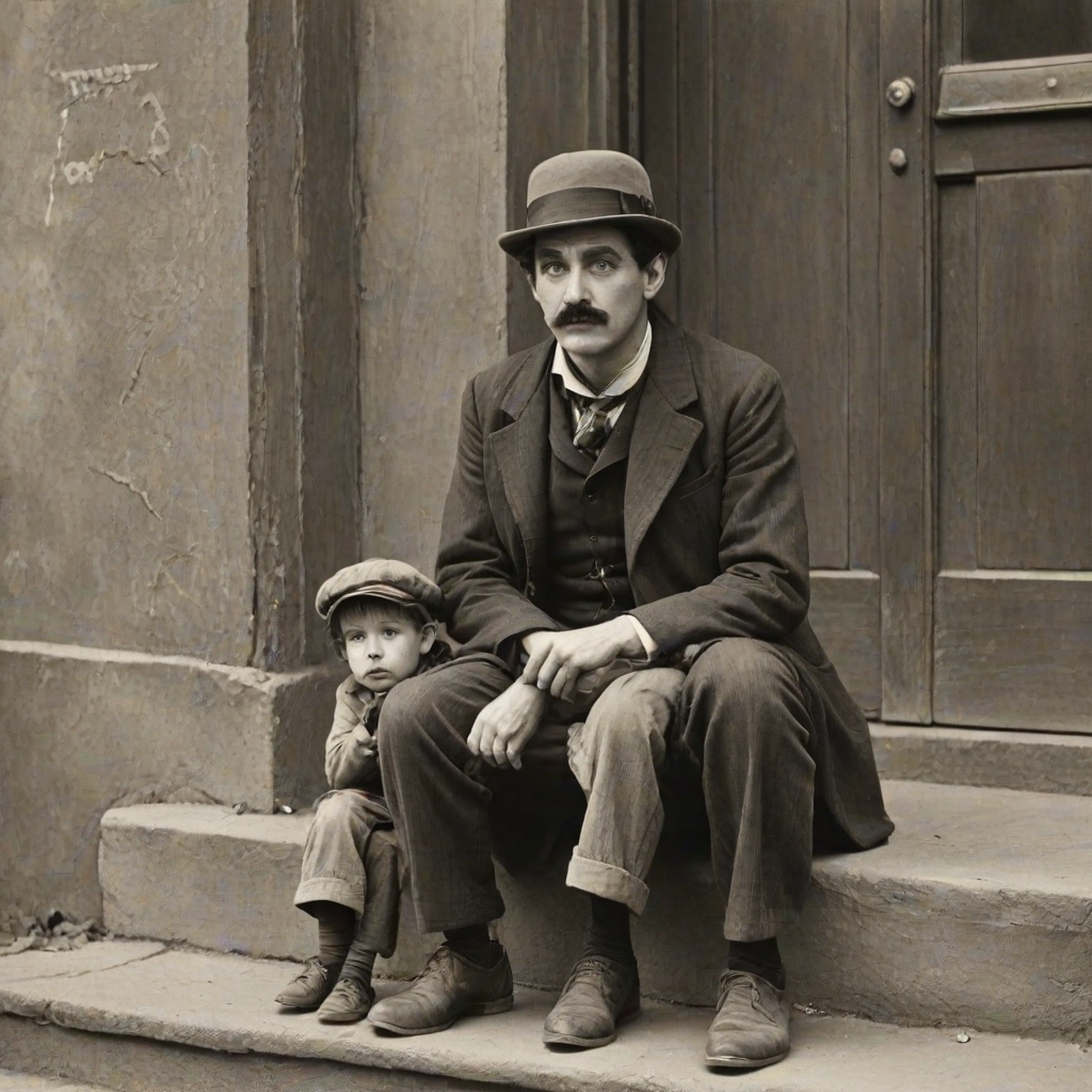 A black-and-white photograph of a man and a child sitting on steps in front of a doorway. The man is dressed as a tramp with a bowler hat, mustache, and ragged clothes, reminiscent of Charlie Chaplin's iconic look. He is sitting with his arms crossed and an expression of slight sadness or frustration. Next to him is a young boy, also in worn clothes and a cap, sitting with his hands clasped, looking thoughtful. The background is an old, textured wall and a partially open door, creating a vintage, early 20th-century atmosphere.