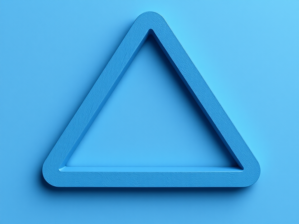 Create a 3D render of an impossible triangle with a smooth blue texture and sharp edges, using a DSLR camera with a 50mm lens at f/2.8, ISO 100, and a shallow depth of field, top-down view, in high-resolution for enhanced clarity.