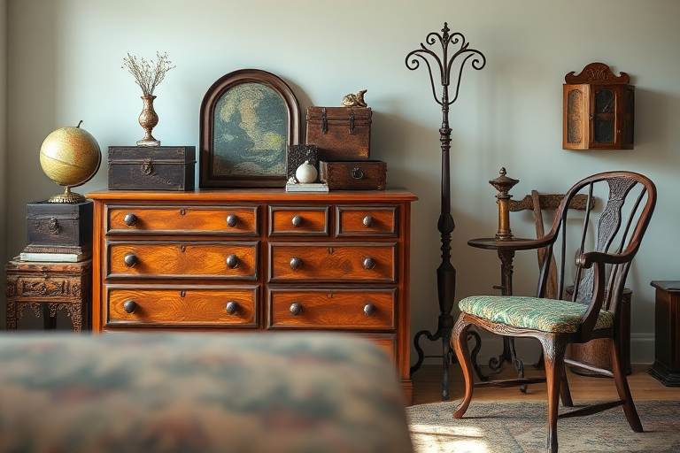 Create a high-resolution still life image of vintage furniture including a wooden dresser with boxes, an ornate coat rack, a globe, and a chair, use a shallow depth of field, soft natural lighting, and a Canon EOS R5 with a 50mm f/1.2 lens at ISO 100, 1/200s exposure.