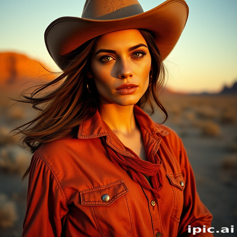 Dramatic photo of a beautiful Western American woman, classic cowboy attire, confident and free spirit expression, half-length portrait, centered, golden hour desert landscape, warm, diffused light, low angle, medium format film camera, in style of Annie Leibovitz.