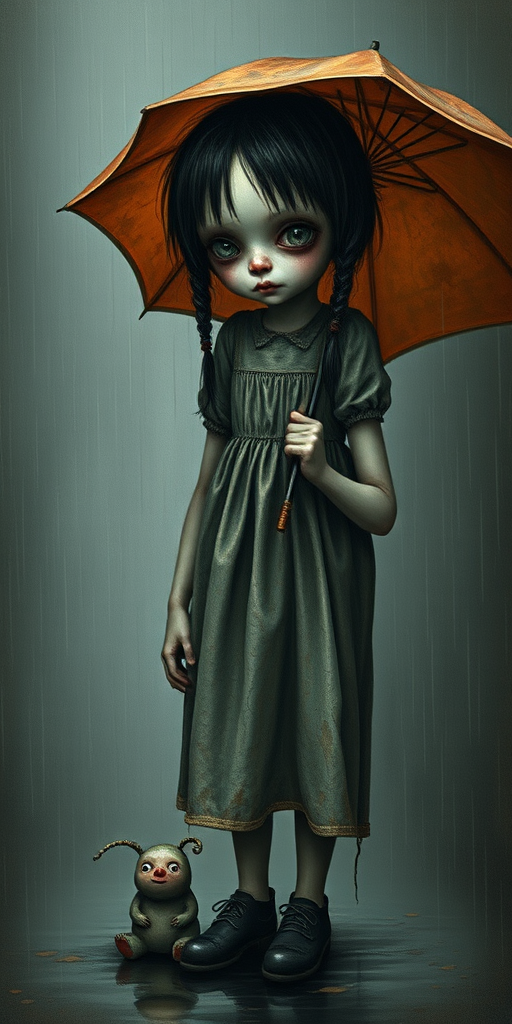 An eerie, weird little girl with dark hair in thin pigtails, wearing a smock dress, standing in the rain, holding a dirty orange umbrella, a small, odd creature beside her. In a surreal style inspired by Nicoletta Ceccoli and Brian Froud. Dark fantasy themes