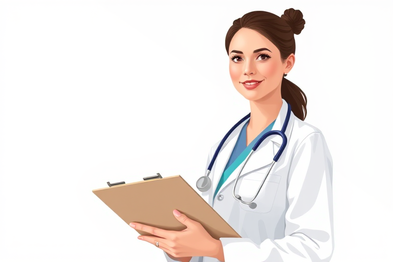 Create an illustration of a female doctor in a white lab coat holding a clipboard with a stethoscope around her neck, in a minimalistic background, Canon EOS R5, 50mm lens, f/1.8, ISO 100, soft natural lighting, portrait style