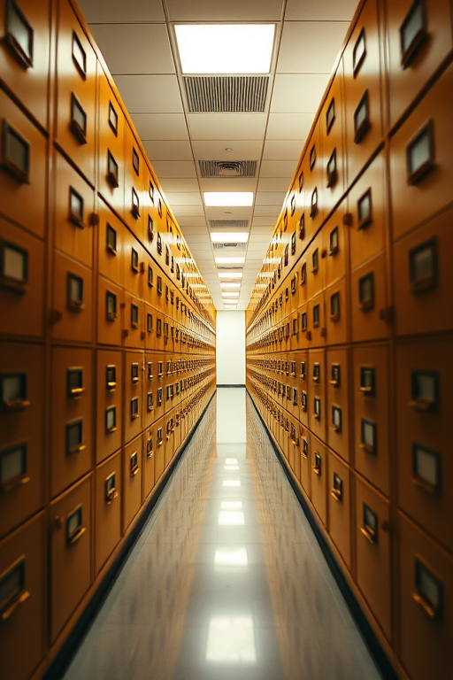 Generate an image of a hallway lined with golden file cabinets receding into the distance, using a wide-angle lens, f/8 aperture, ISO 200, with a slight vignette effect for dramatic focus, shot from a low perspective to emphasize depth.