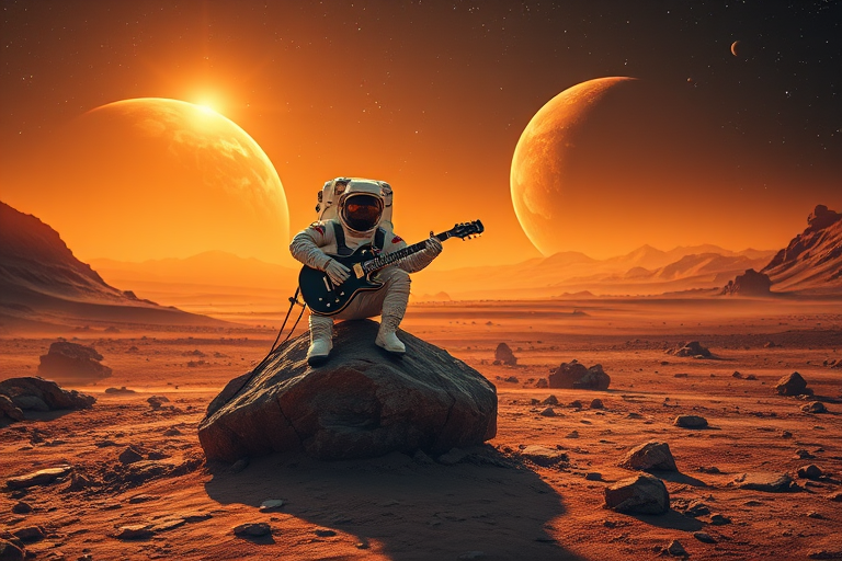 A serene Martian landscape with an astronaut sitting on a rock playing an electric guitar, high-resolution, 50mm lens, f/2.8 aperture, ISO 100, soft focus for the background stars and planets, dramatic lighting with a sunset glow.