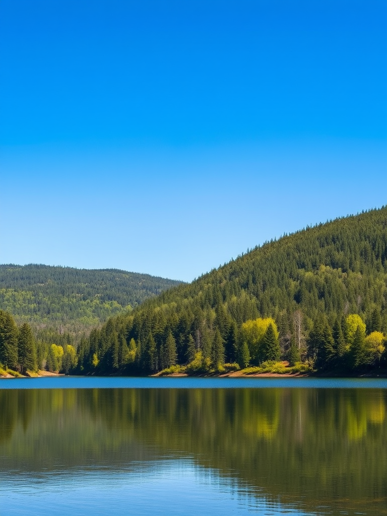 Create a hyper-realistic image of a serene landscape featuring a calm lake surrounded by lush forests under a clear blue sky, use a DSLR camera with a 50mm lens, aperture f/1.8, ISO 100, shutter speed 1/200s, shot from eye level in natural light.