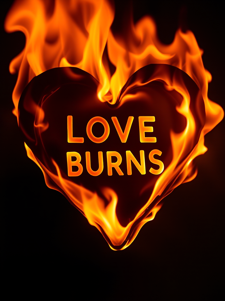 Create an image of a heart made of flames with the text "LOVE BURNS" integrated into the fire, shot with a Canon EOS R5, 50mm lens, aperture f/1.8, shutter speed 1/200s, ISO 100, captured in a dramatic low-light setting with a slight tilt angle for artistic flair.