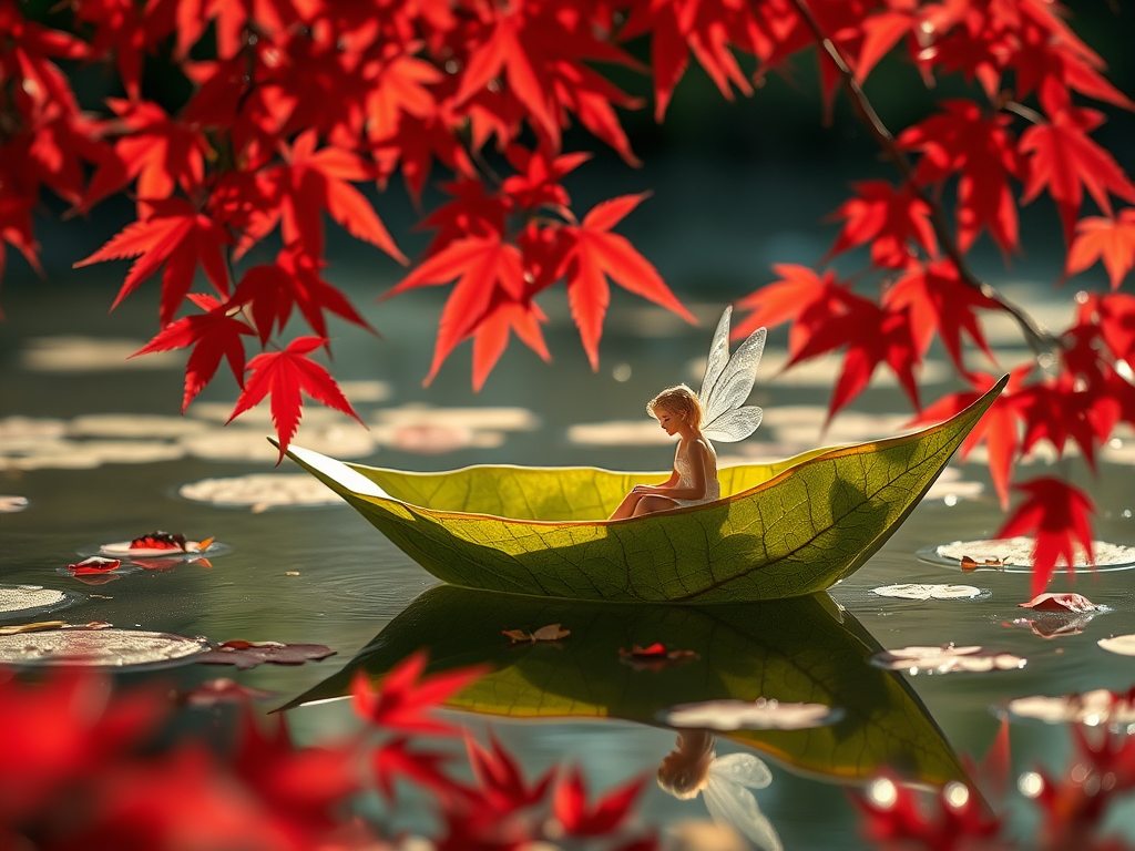 Create an ethereal scene of a fairy in a boat made of a large leaf, with vibrant red maple leaves as a backdrop, captured in soft natural lighting, using a Canon EOS R5 with a 50mm f/1.2 lens, aperture set at f/2.8, ISO 100, and a shallow depth of field to enhance the dreamy quality.