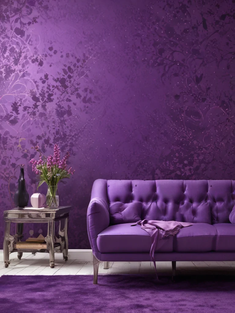 Elegant Purple Living Room Decor Featuring a Stylish Sofa and Floral ...