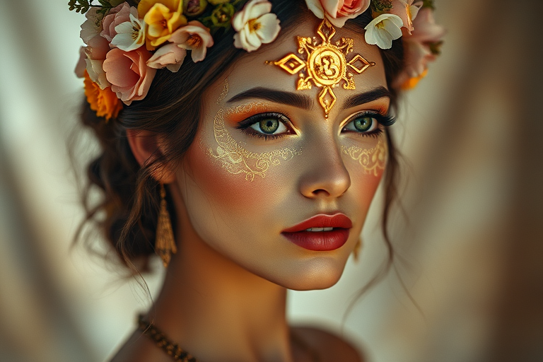 Create a portrait of a mystical woman adorned with delicate floral headpieces and intricate golden patterns on her face, using a Canon EOS R5 with a 50mm lens, ISO 100, f/1.8 aperture, 1/200s shutter speed, soft focus background, and dramatic lighting to enhance the ethereal quality of the scene.