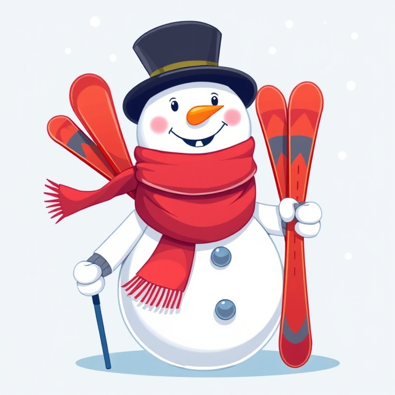 Create a high-resolution illustration of a cartoon snowman holding skis and ski poles, colorful and cheerful, with a black top hat and a red scarf, using a DSLR camera with a 50mm lens, f/1.8 aperture, ISO 100, and natural lighting for vibrant colors and sharp details.