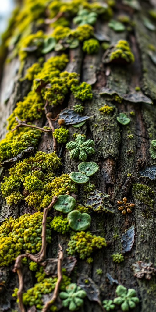 macro shot of mossy tree bark with vibrant green lichens and fungi, f/2.8 aperture, 1/125s shutter speed, ISO 200, 50mm lens, natural lighting, DSLR camera, top-down view for enhanced texture details