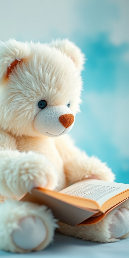 Create a soft-focus image of a fluffy white teddy bear reading a book, with a blurred watercolor background in light blue, using a DSLR camera with a 50mm lens at f/1.8, ISO 200, and a shutter speed of 1/200 seconds.