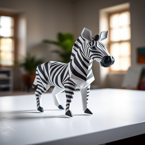 Create a realistic 3D origami zebra in a well-lit studio setting, using a Canon EOS R5 with a 50mm f/1.2 lens, aperture set to f/2.8, ISO 100, and shutter speed of 1/125s, captured from a slightly elevated angle to emphasize the folds and texture.