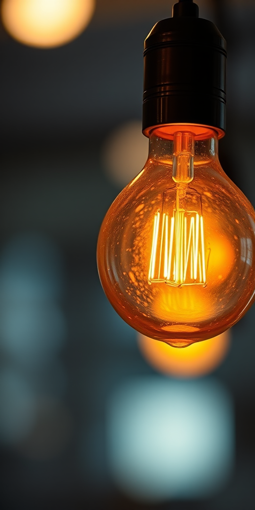 Create a high-resolution image of a glowing incandescent light bulb with a warm orange glow, using a Canon EOS 5D Mark IV, 50mm lens, f/2.8 aperture, ISO 100, and a soft-focus background for depth.