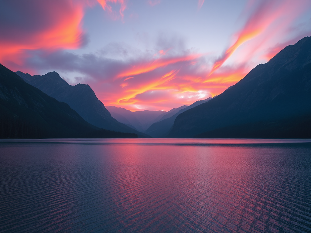 Create an ethereal landscape featuring a serene lake surrounded by majestic mountains under a vibrant sunset, captured with a Canon EOS R5 at 24mm, f/11, ISO 100, with a wide-angle view for expansive detail and clarity.