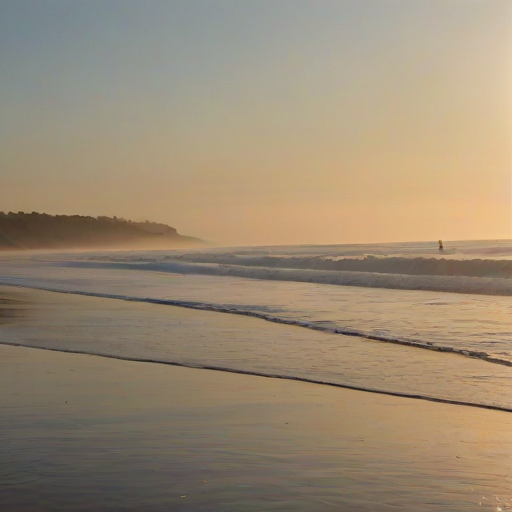 Peaceful beach scene at dawn, gentle waves lapping at the shore, with a lone surfer paddling out to catch the early morning swell.
