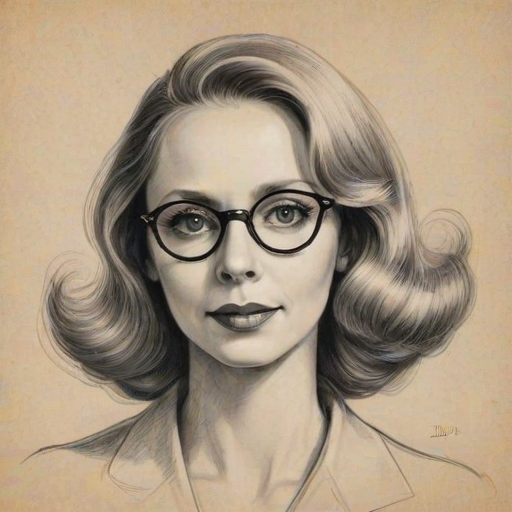 Sublime Shelley Long, pencil sketch, portrait of Bewitching woman 1930s in glasses, hair style beatnik, outline, clear lines, fine lines, 8k