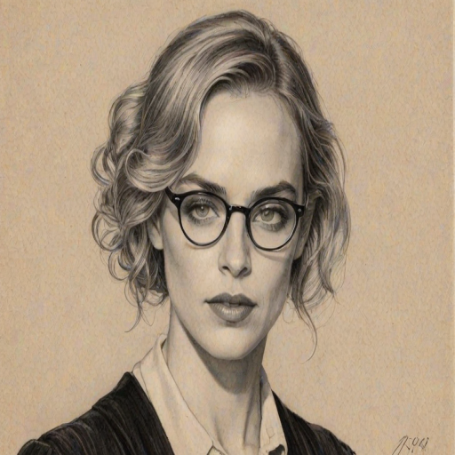 Bewitching Nina Hoss, pencil sketch, portrait of Comely woman 1928s in glasses, hair style beatnik, outline, clear lines, fine lines, 8k