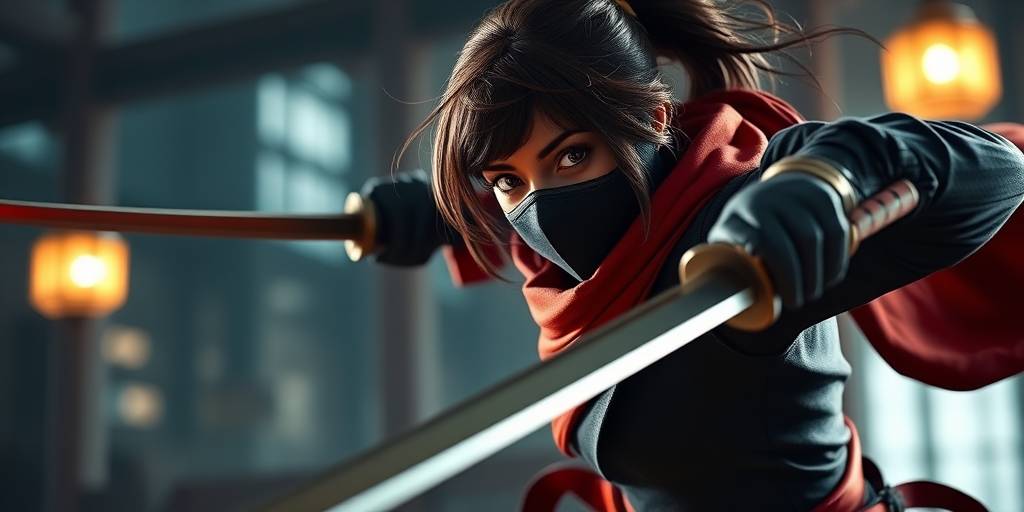 A highly detailed 3D rendered image of a female ninja in a dynamic pose wielding two swords, captured with a Canon EOS R5 camera, 35mm lens, aperture f/1.8, ISO 100, shutter speed 1/250s, in a dramatic low-angle shot with a blurred background for depth.