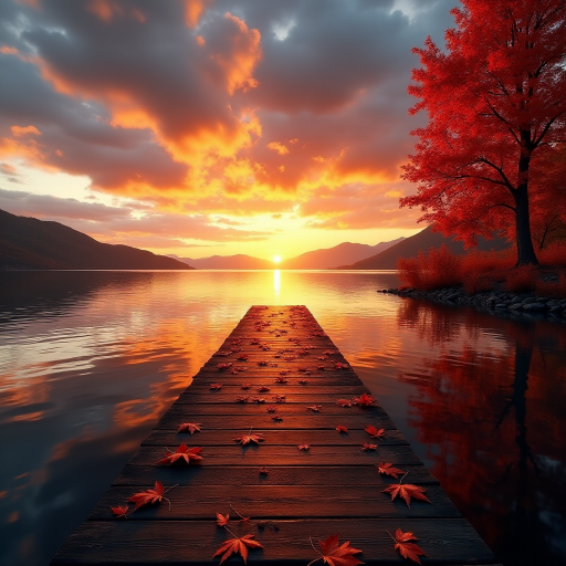Create an image featuring a wooden dock extending into a serene lake at sunset. The sky is filled with dramatic orange, pink, and golden clouds as the sun sets behind distant hills, casting a beautiful reflection on the calm waters of the lake. The dock is strewn with vibrant red autumn leaves, and a strikingly red tree stands to the right, its leaves also glowing in the sunset light. The overall mood of the image is peaceful and warm, with the contrast between the fiery sky and calm waters enhancing the beauty of the scene.