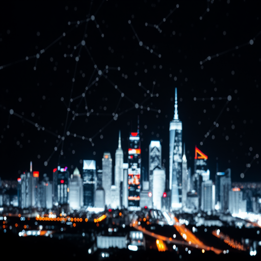 Create an abstract image of glowing white pixels on a black background resembling a city skyline at night, shot with a DSLR camera, aperture f/1.8, ISO 100, shutter speed 1/125s, in a wide-angle view to enhance depth and clarity.