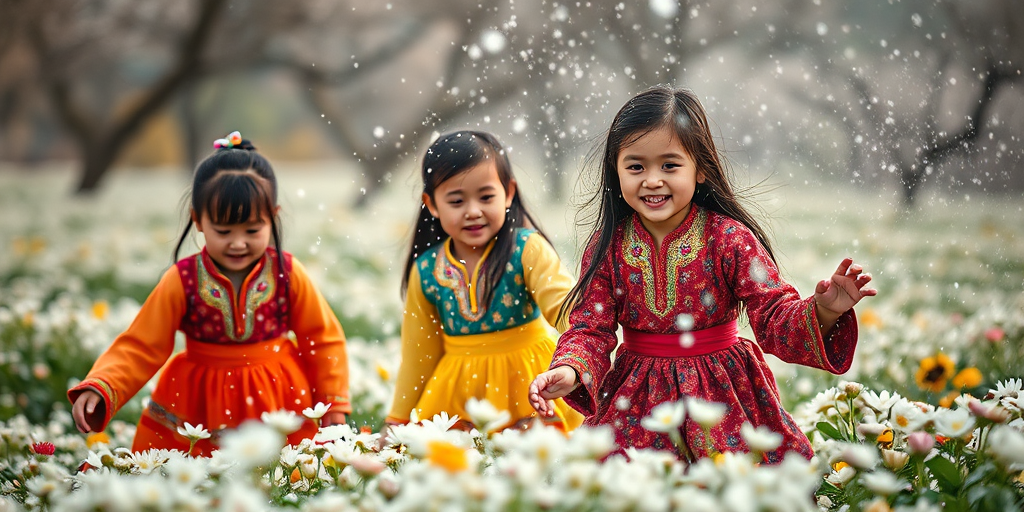 three girls in traditional colorful clothing playing in a snow-like flower shower, soft focus background, early spring setting, captured with a Canon EOS R5, 50mm lens, f/1.8, ISO 100, shallow depth of field, natural light, slight vignette effect