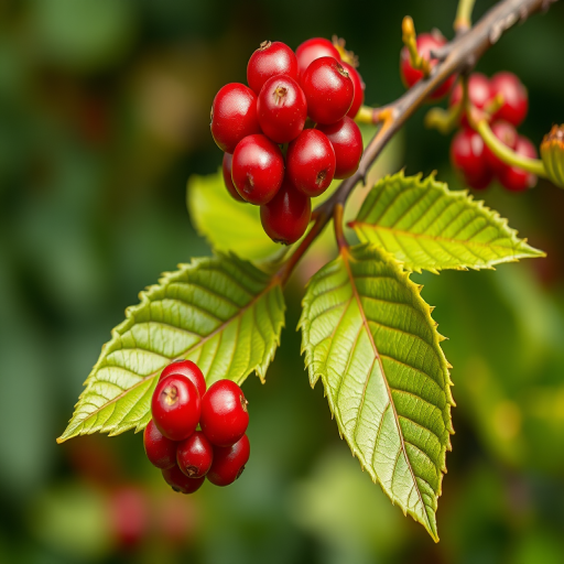 high-resolution botanical illustration of a berry branch with detailed leaves, macro lens, aperture f/2.8, ISO 100, natural light, DSLR camera, shallow depth of field