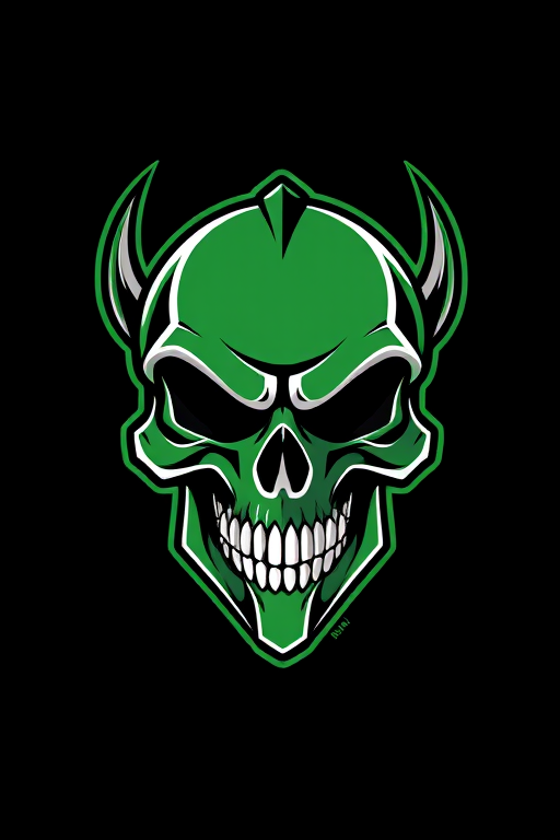 Create a stylized illustration of a green skull emblem with sharp features and a prominent white face, using a high-resolution digital art style; settings include ISO 200, f/8 aperture, 1/60 sec shutter speed, shot from a frontal view with a digital art camera.