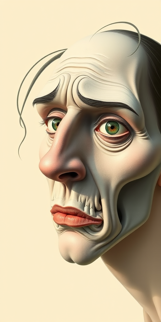 Create an abstract illustration of a distorted face with exaggerated features against a soft cream background, using a 50mm lens, f/1.8 aperture, ISO 100, in a flat lay perspective with natural lighting for enhanced detail and clarity.