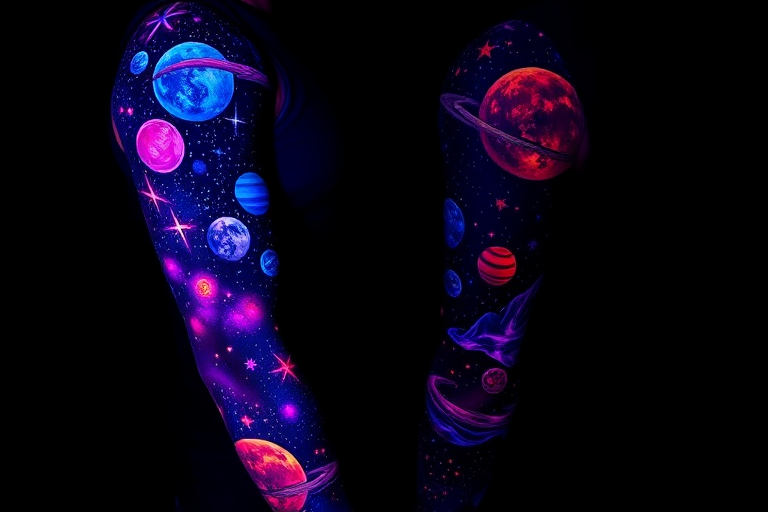 Mesmerizing full-sleeve body tattoo depicting a cosmic galaxy scene with realistic planets and stars in vivid ultraviolet ink, glowing under blacklight for an otherworldly effect