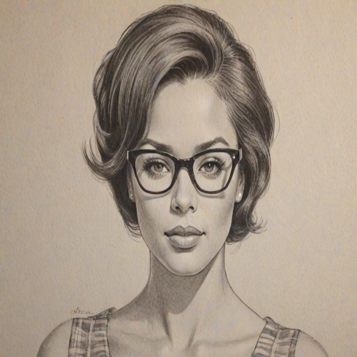 Enticing Heather Hemmens, pencil sketch, portrait of Delightful woman 1960s in glasses, hair style beatnik, outline, clear lines, fine lines, 8k