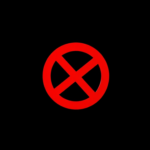 Create a high-resolution image of a red prohibition symbol on a black background, using a DSLR camera with a 50mm lens, aperture f/2.8, ISO 100, and a shallow depth of field to enhance clarity and focus on the symbol.